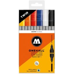 Marker cu vopsea acrilica, varf dublu, rotund, ONE4ALL Twin Basic 6 culori/set Molotow