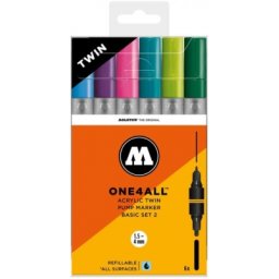 Marker cu vopsea acrilica, varf dublu, rotund, ONE4ALL Twin Basic 2, 6 culori/set Molotow