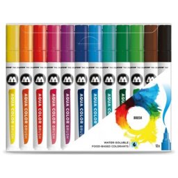 Marker caligrafic, varf tip pensula, Aqua Color Brush Basic, 12 culori/set Molotow
