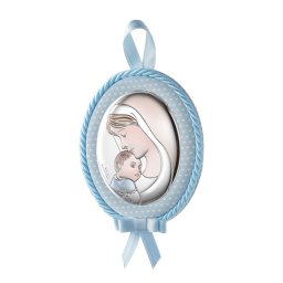 Medalion Maica si Pruncul 9x12cm Albastru cu Melodie