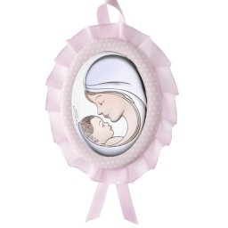 Medalion Maica Domnului Cu Pruncul Argint 10x13cm Roz Cu Melodie