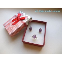 Set cercei şi inel reglabil argint cu ametist oval 14 mm