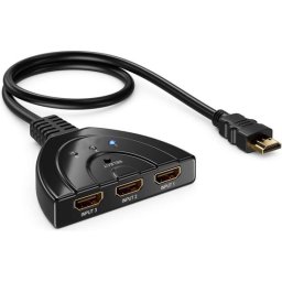 Spliter HDMI TarTek, 4K , 3 intrari, 1 iesire cu cablu HDMI ce suporta HDCP PS4 Pro Blu-ray DVD Proiector 3D 2160p, negru