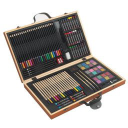 Set de desenat si pictat, 88 piese, natur, Everestus, DE02MT, lemn, ceara, plastic, saculet de calatorie inclus