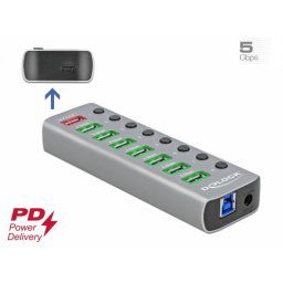 HUB USB 3.2 Gen 1 cu 7 porturi + 1 Fast Charging + 1 USB-C PD 3.0 cu iluminare + switch ON/Off, Delock 63264
