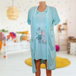 Compleu maternitate, Camasa alaptat + Halat gravide, Baby Stroller, Turquoise - Maneca scurta