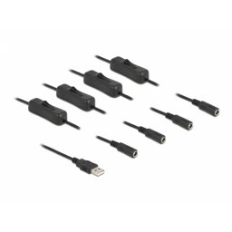 Cablu de alimentare USB-A la 4 x DC 5.5 x 2.1 mm T-M cu switch On/Off 1m, Delock 86799