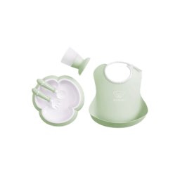 Set hranire: farfurie, lingurita, furculita, pahar si bavetica pentru bebe, Powder Green