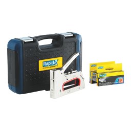 Capsator tacker Rapid PRO R353E kit cu servieta de transport si 5000 capse pentru tapiterie, mobilier si textile, reglare forta capsare in 3 trepte, capse 53 6-14 mm, fabricat in Suedia