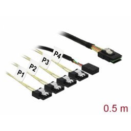 Cablu Mini SAS SFF-8087 > 4 x SATA 7 pin Reverse + Sideband 0.5m, Delock 83318