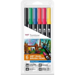 Marker caligrafic 2 in 1, ABT Dual Brush Pen, Primary Colours, 6 culori/set Tombow