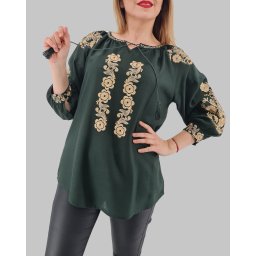 Bluza verde brodata cu flori aurii Claudia