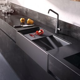 Chiuveta bucatarie granit reversibila CookingAid Lux LX8410 Farmhouse Apron Neagra Black Metal Quartz + accesorii montaj