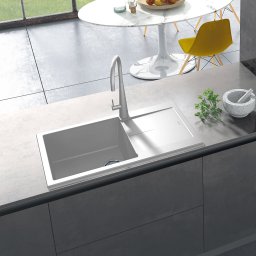 Chiuveta bucatarie granit CookingAid Infinity NF8610 Alba Polar White reversibila stanga dreapta cu picurator + accesorii montaj