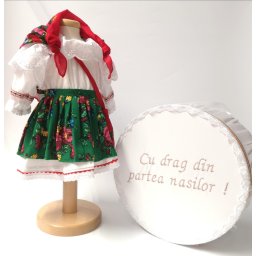 Set Botez Traditional , Costum Traditional Fetite Verde- 2 piese costumas si cutie botez