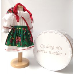 Set Botez Traditional , Costum Traditional Fetite Verde- 2 piese costumas si cutie botez