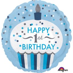 Balon folie briosa albastra happy Birthday Prima aniversare 1 an 43cm