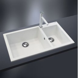 Chiuveta bucatarie granit dubla cu 2 cuve CookingAid Cube ON8620 Alba Polar White + accesorii montaj