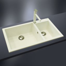 Chiuveta bucatarie granit dubla cu 2 cuve CookingAid Cube ON8620 Alba Galbui Jasmine + accesorii montaj