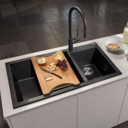 Chiuveta bucatarie granit dubla cu 2 cuve CookingAid Cube ON8620 Neagra Black Metal quartz + accesorii montaj