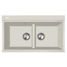 Chiuveta bucatarie granit dubla cu 2 cuve CookingAid Kinga LX8620 Alba Galbui Jasmine + accesorii montaj