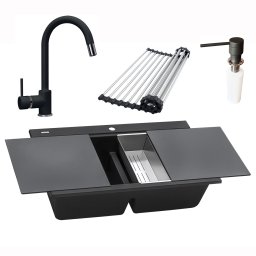 Set complet Chiuveta bucatarie granit dubla cu 2 cuve CookingAid Kinga LX8620 Neagra Black Metal quartz + Baterie CookingAid Indiana + 2 Tocatoare sticla Temperizata Neagra +Tavita scurgere inox + S