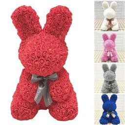 Rose Rabbit Toy - Iepuras floral 40 cm decorat manual cu trandafiri spuma in cutie (Culoare produse: Multicolor)