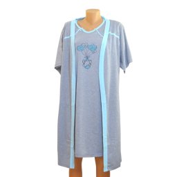 Compleu maternitate, Camasa alaptat + Halat gravide, Grey Turquoise, Maneca Scurta