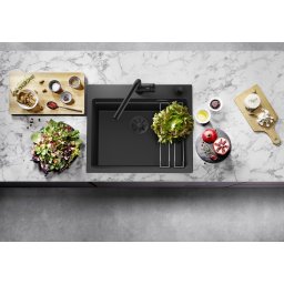 Chiuveta granit bucatarie Blanco ETAGON 6 black edition cu excentric si 2 sine din otel