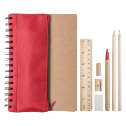 Set agenda A5 si pix, 7 piese, 155×210×9 mm, Everestus, 20FEB10274, Hartie reciclata, Rosu, Natur