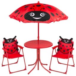 Set mobilier gradina/terasa pentru copii, pliabil, rosu, model buburuza, 1 masa cu umbrela, 2 scaune, Melisenda