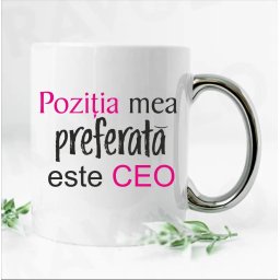 Cana cu maner argintiu personalizata cu mesajul pozitia mea preferata este CEO