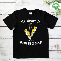 Tricou Pensionare negru, personalizat cu textul Ma doare la tenesi, sunt pensionar tenesi galbeni