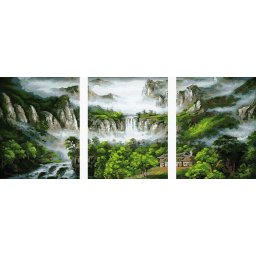 Set 3 picturi pe numere, cu sasiu, Cascada in munti, 50 x 120 cm