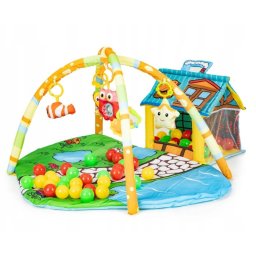 Covoras tip Paturica Educativa pentru Bebelusi, Ecotoys, cu Casuta, Jucarii si 30 Mingi Colorate, 0 +
