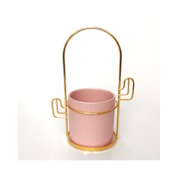 Ghiveci ceramica roz pe stativ metal auriu