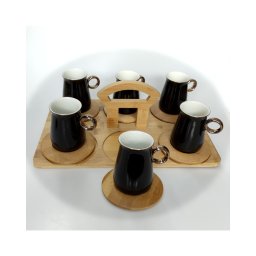 Set 6 cesti portelan pe suport de lemn