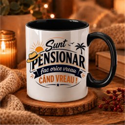 CANA PERSONALIZATA PENTRU O DOMN PENSIONAR INSCRIPTIONATA CU MESAJUL SUNT PENSIONAR FAC ORICE VREAU CAND VREAU .