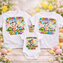 Set tricouri personalizate pentru mama, tata si bebe Primul meu Paste