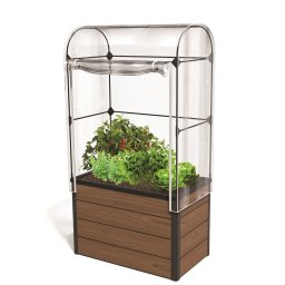 Jardiniera exterior, polipropilena, Keter Maple, pentru gradina, terasa, balcon, forma dreptunghiulara, maro, cu acoperis de sera, rezistenta UV, 99x58x185 cm