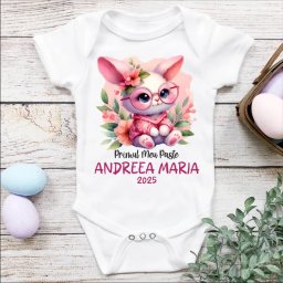 Body bebe personalizat cu nume pentru Paste model Iepuras cu ochelari