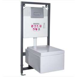 Set WC alb dreptunghiular suspendat cu capac slim softclose, rezervor incastrat , clapeta wc argintie