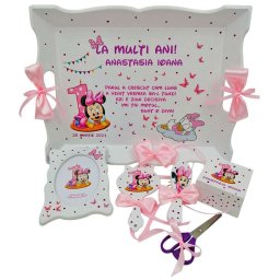 Set Tavita Mot (turta), Baby Minnie, aniversare 1 an, 7 piese, personalizat, DSPH1631