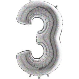 Balon folie cifra 3 argintiu holografic sclipici 102 cm