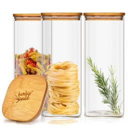 Klarstein Recipient pătrat pentru păstrarea alimentelor cu capac din bambus, etanș la aer, cu sigiliu din silicon, 10 × 20,5 × 10 cm, 3 x 1500 ml (BW-10254-008)