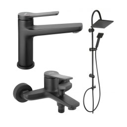 Pachet 3 in 1 Stratos - Baterie cada dus Negru Mat, baterie lavoar si set bara dus patrat Negru Mat,