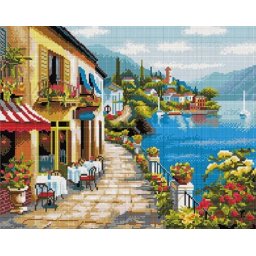 Set goblen cu diamante, cu sasiu, Cafenea pe faleza, 40x50 cm