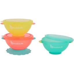Set 3 boluri colorate pentru mancare, cu suport inclus