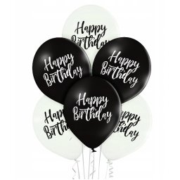 Set 6 baloane latex Happy Birthday alb si negru 30 cm