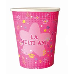 Set 8 pahare carton La multi ani roz 175 ml